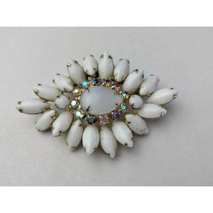 VTG White Pin Brooch Gorgeous Vibrant Crystals and Semi Precious Stone Center